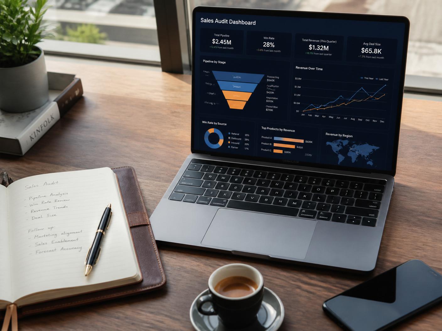 Sales dashboard showing revenue, pipeline and win rate metrics