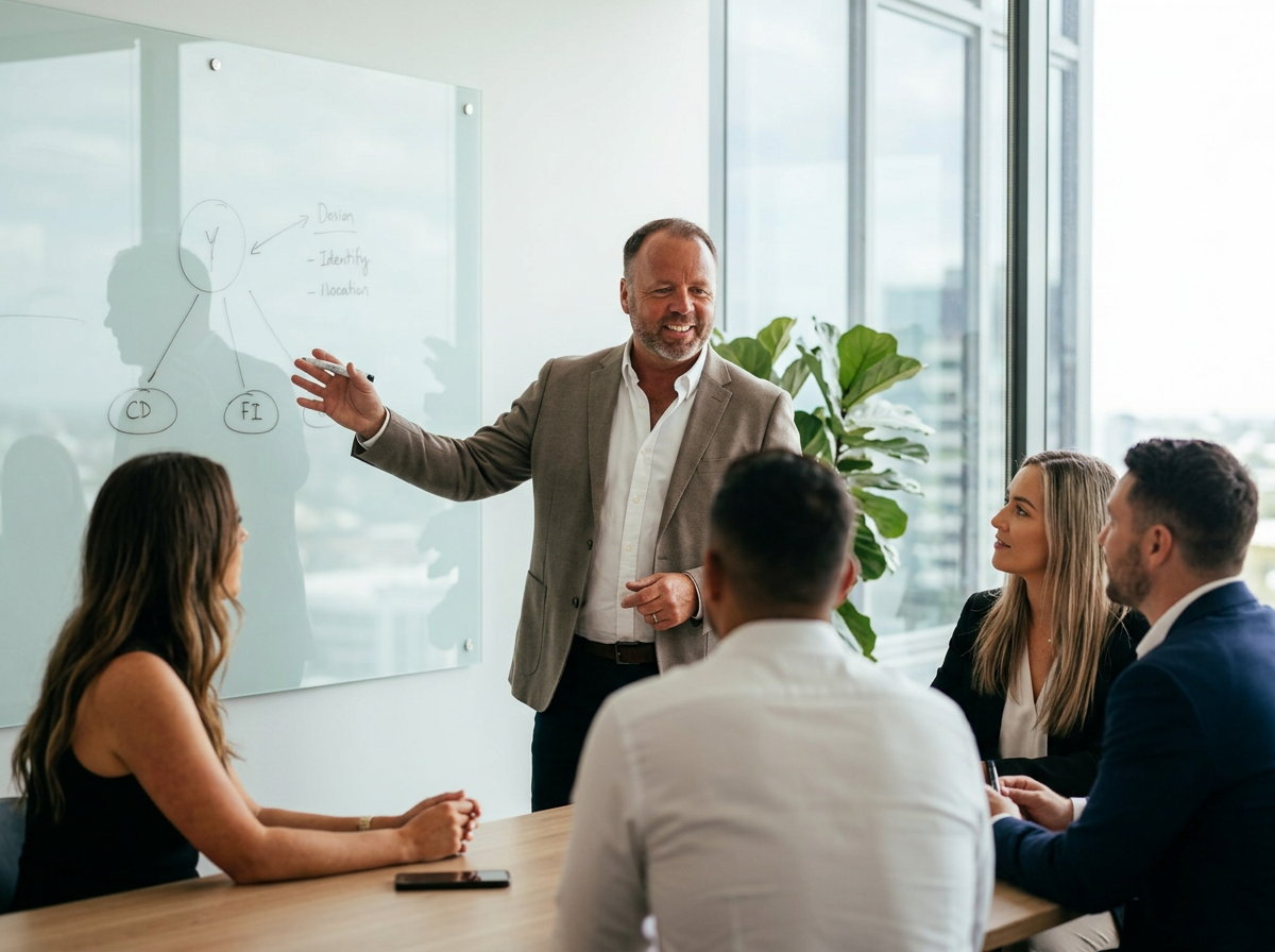 Sales team in a coaching session around a strategy whiteboard